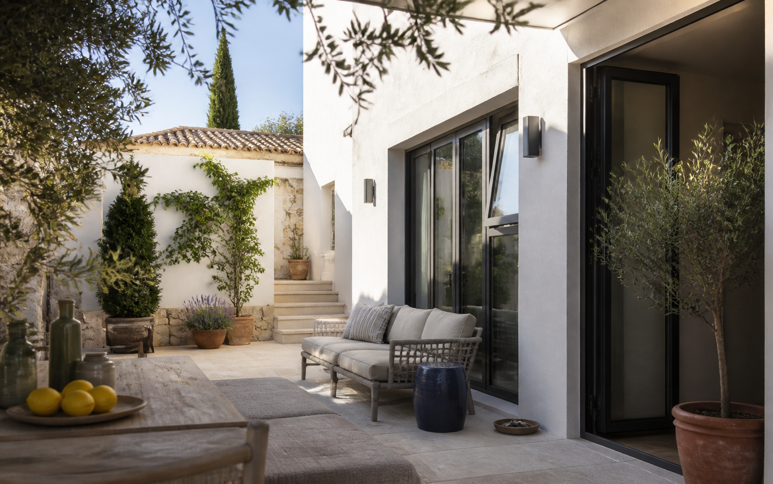 A calm Mediterranean courtyard ready for its owners to return