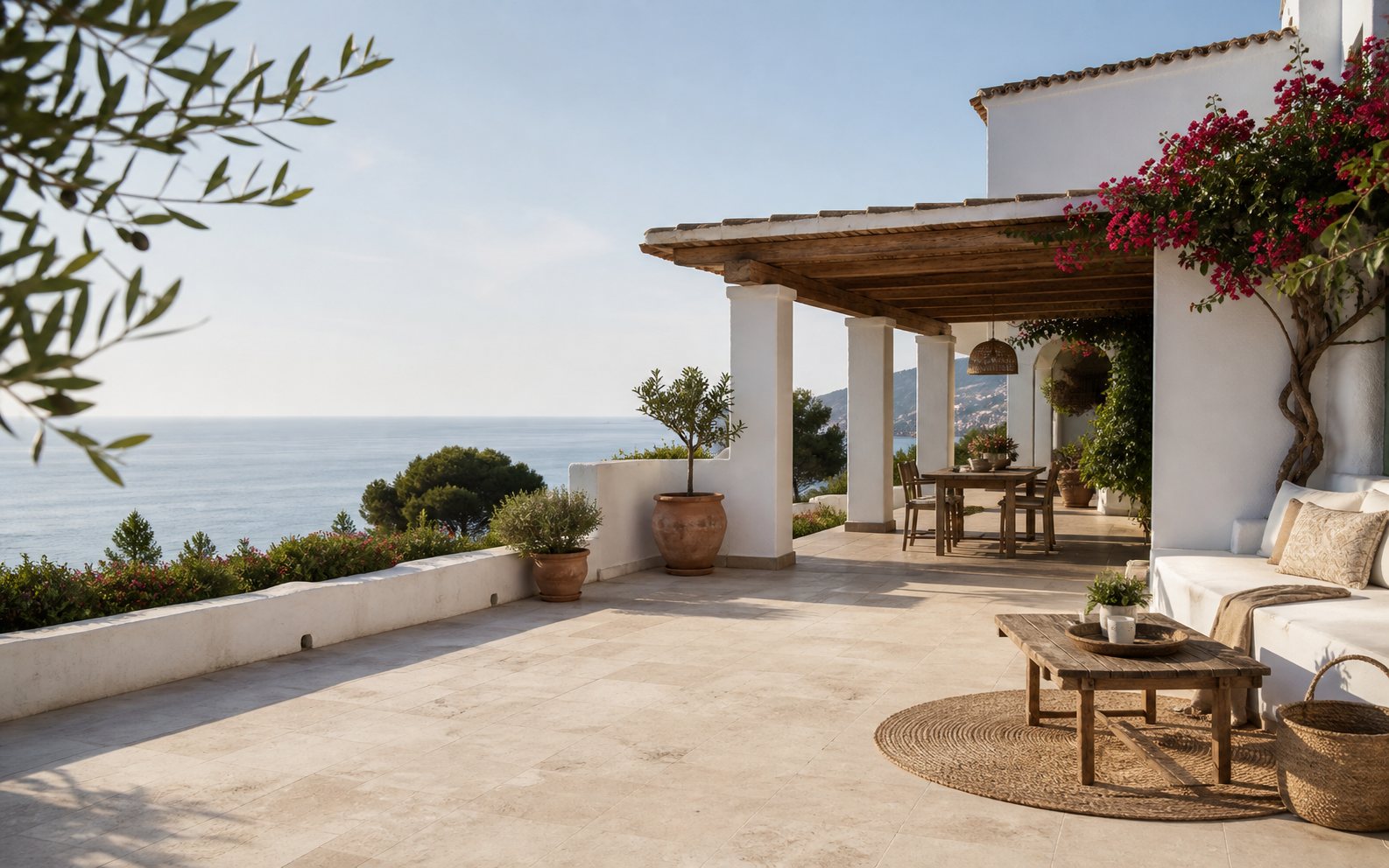 A sunlit Costa del Sol villa terrace overlooking the Mediterranean